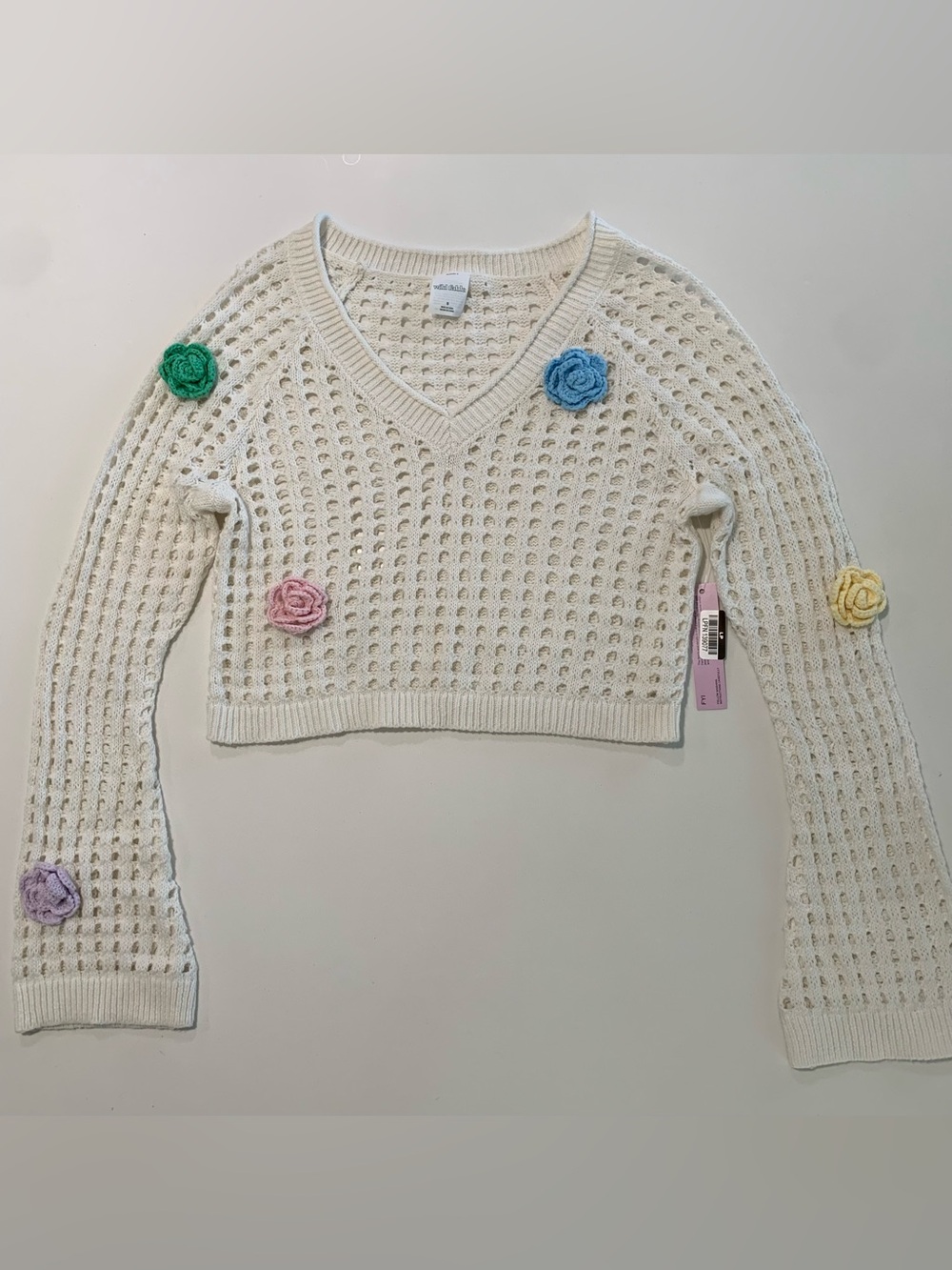 NWT Wild Fable Cream Open Knit Cropped V Neck Sweater Crochet Flowers, Boho, S - Picture 4 of 14